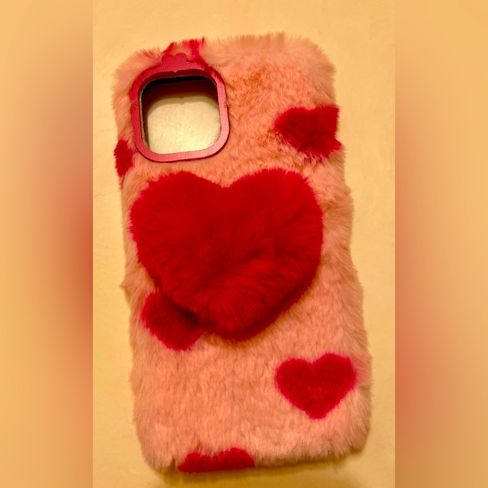 iPhone 12 ProMax Plush Pink Hearts Prints w/ Heart Phone Grip Soft Case NWT - Picture 2 of 9